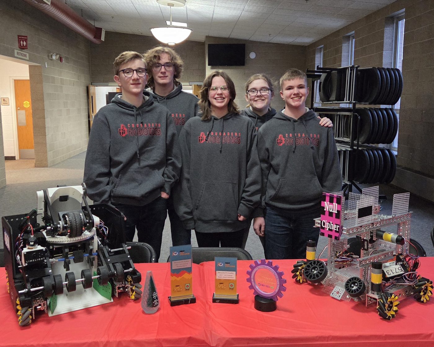 Team 24187 Code Talker — the rookie team of freshmen in matching Crusader Robotics hoodies at the spring banquet
